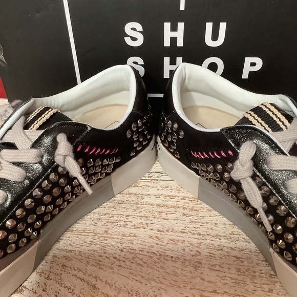 SHU SHOP NWT Sz 8 Ruby Studded Black Tie Sneakers Round Toes White Rubber Soles - Picture 5 of 13